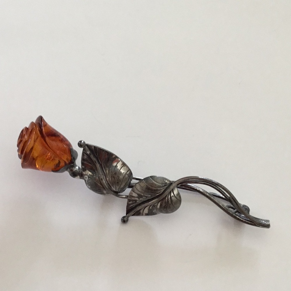 Amber Rose Brooch with  Sterling Silver Leaves